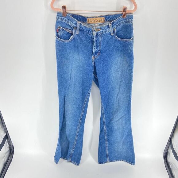 Mudd Button Fly Medium Wash Low rise Flare Leg Blue Jean Pant y2k 90s Jrs 5 - Picture 1 of 6
